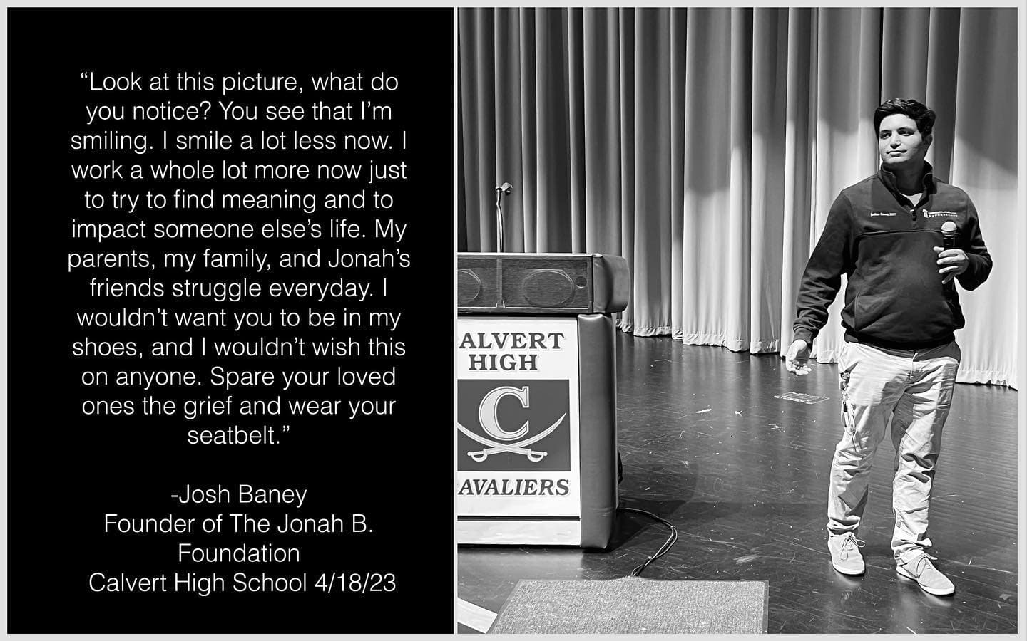 Josh Baney addressing Calvert High School students